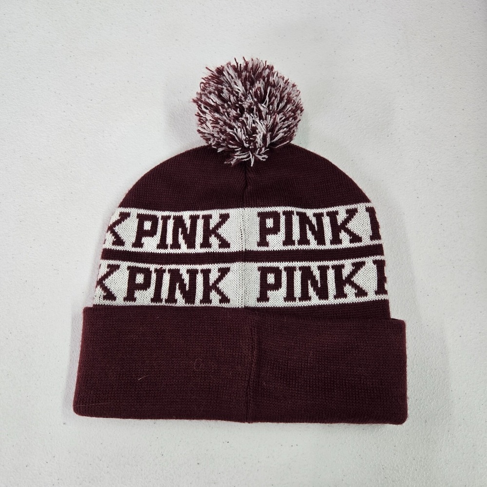 PINK Victoria's Secret Women Hat One Size Red Striped Beanie Logo Pom Pom‎ Knit